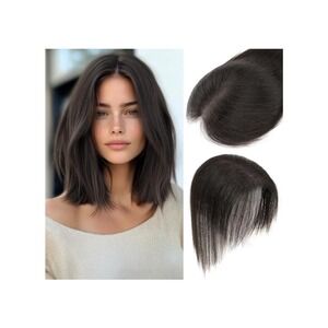 Real Human Hair Topper 11" Natural Black #1B Clip In Hairpiece with Bangs